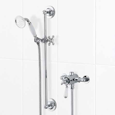 1 bar pressure Separate controls for flow and temperature 150mm valve centres for ease of installation Single function fixed shower head with separate handset 212548 Asmara Surface mounted Requires