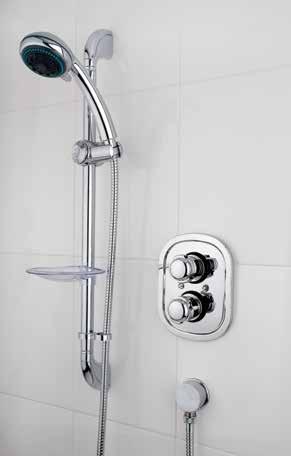 5 bar pressure Separate controls for flow and temperature 150mm valve centres for ease of installation Single function fixed shower head with separate multi-function handset Co-ordinates with the