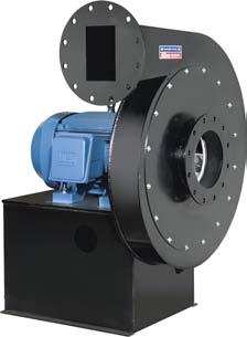 Compact industrial fan with gusset mounted bearings to provide a compact arrangement. Temperatures to 650 F.