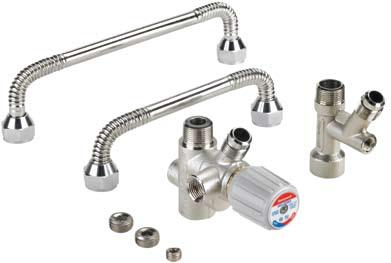 AMX300 Thermostatic Mixing Valve Kit Key Features and Benefits Kit includes mixing valve, cold water tee, flexible 8" or 11" metal connectors, and thermostrip Easy installation on water heaters saves