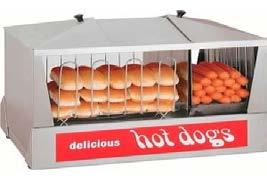 Steamer with Juice Tray, side-by-side hot dog steamer/bun warmer, capacity (230) hot dogs & (36) buns, pull-down tempered glass doors, humidity controlled bun rack, large 14 quart water capacity,
