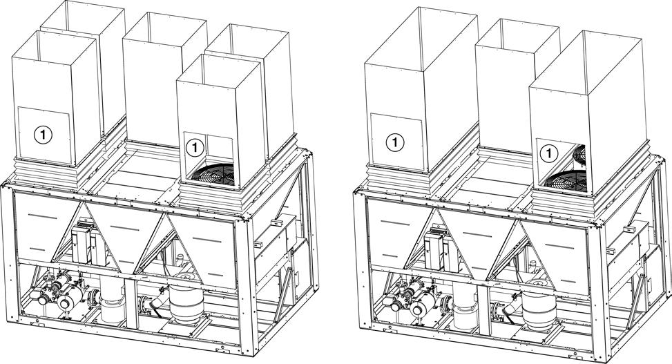 Duct installation examples (continued) Case 3 For 30RB 302 and 342 units with three V-shaped air condensers, where the middle V-shaped condenser 2 and fan EV 21 only belong to circuit A (see chapter