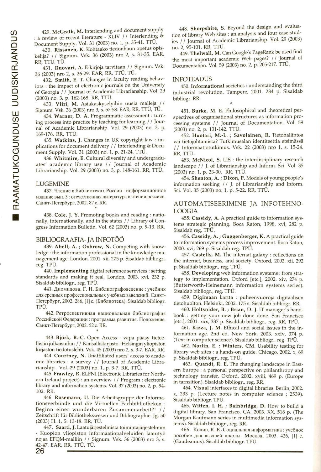 RAAMATUKOGUNDUSE UUDISKIRJANDUS 429. McGrath, M. Interlending and document supply : a review of recent literature - XLIV / / Interlending & Document Supply. Vol. 31 (2003) no. 1, p. 35-41. TTÜ. 430.