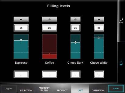 6 Menu option "Unit" Here you have the option of cleaning the machine and adjusting the fill levels. 8.6. Menu option "Filling" Here you can adjust the fill levels of the containers or carry out settings for the filling process.