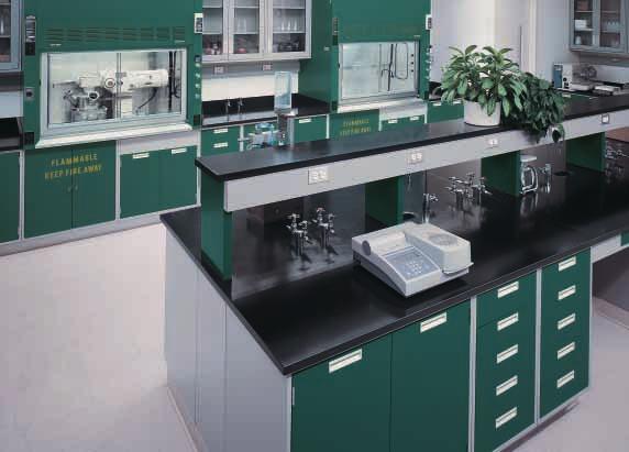 Traditional floor-mounted Modular Steel casework with optional flush pulls is used to