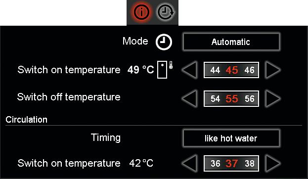 2.3.1.5 Hot water Charging starts when the time is within an active time window and the hot water tank temperature is below the "Switch on temperature" setting.