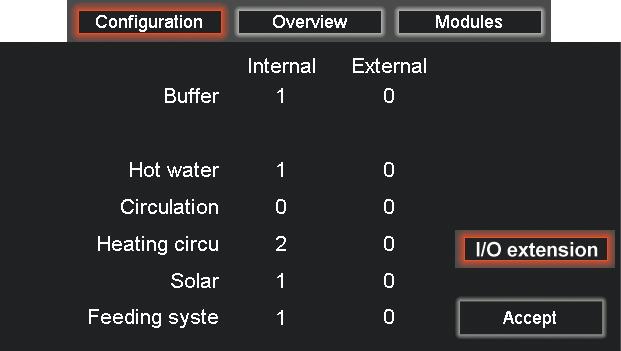 Module configuration > Settings > Module configuration Overview Represents all components of the system with their designations in hierarchical order. Subordinate components are thus set back (e.g. the "1st Floor" heating circuit is attached to the buffer).