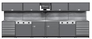 Combine SHURETECH cabinets to customize your desired bench length, add upper binder cabinets and add additional matching shop equipment available from Shure. Stainless steel utility chase panels.