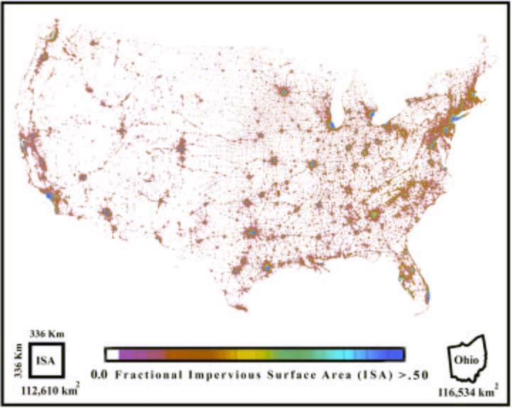 Urbanization in the USA Impervious surfaces alter the basic functions of soils: Energy storage and exchange ( heat islands ). Reduce carbon sequestration (less vegetation).