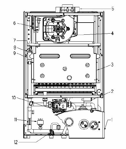 Fig. 2 KEY 1. Control panel 2. Ignition transformer 3. Combustion chamber 4. Fan 5. Combustion analysis intakes 6. Smoke pressure switch 7.