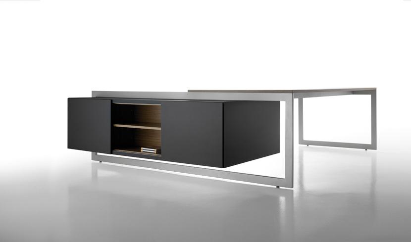 DESK + CREDENZ RING SUPPORT Framework and credenza front / double caisson White lacquered / black lacquered Top Particles board covered by 23 mm thick natural wood sheet or 12 mm thick warm