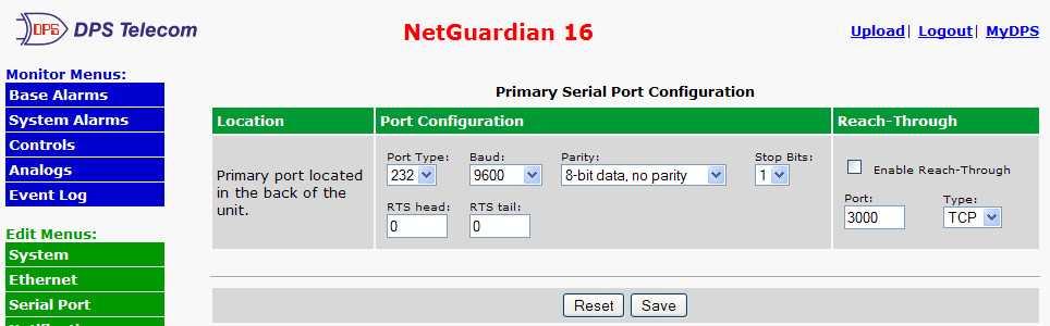 5.4 Serial Ports (M6 G2 Only) The Provisioning > Serial Port menu allows you to change settings depending on the port type of your NetGuardian.
