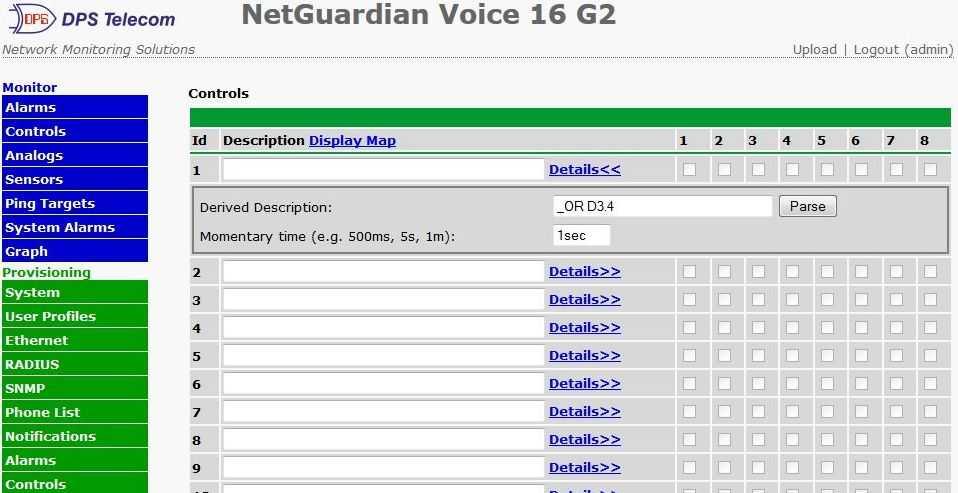 60.9 Controls The NetGuardian's 2-8 control relays can be configured in the Provisioning > Controls menu.