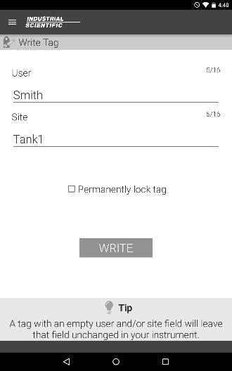 Select the write tag menu. The write tag screen will display. Tap in the user field to edit the user.