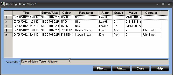 Reference Manual 5.3 ALARM LOG TankMaster has an alarm log which allows you to view the alarm history for a a tank or a group of tanks. The Alarm Log window shows a list of logged alarms.