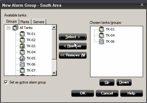 Reference Manual 5. In the New Alarm Group window, select a tank to add the new group and click the Select > button. 6. Repeat for all tanks to be added to the group. 7.