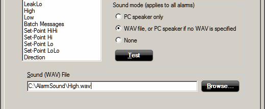To specify sound signals for an alarm, follow these steps: 1. Go to Tools > Options, and select the Alarm Sounds tab. Sound Mode List of alarms Browse for a WAV file 2.