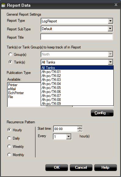 available options in the Groups(s) and Tank(s) menus in the Tank(s) or Tank Group(s) to keep track of in Report pane.