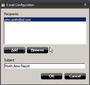 To add a recipient to the e-mail report, click Add. Repeat this for each recipient. 4. Add a Subject for the e-mail. 5. Click OK.