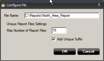 To add a unique suffix to the report files, check the Add Unique Suffix box. In this example, the first report file will be called North Area Report_1.txt, the second report file North Area Report_2.