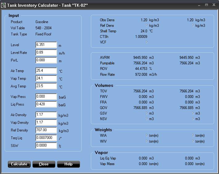 Reference Manual 8.2 TANK INVENTORY CALCULATOR The Tank Inventory Calculator generates inventory values based on manually entered product data for a specific tank.