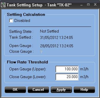 Reference Manual 8.4 TANK SETTLING CALCULATOR The Tank Settling Setup window is used to manually set up and enable the input parameters for a product transfer.