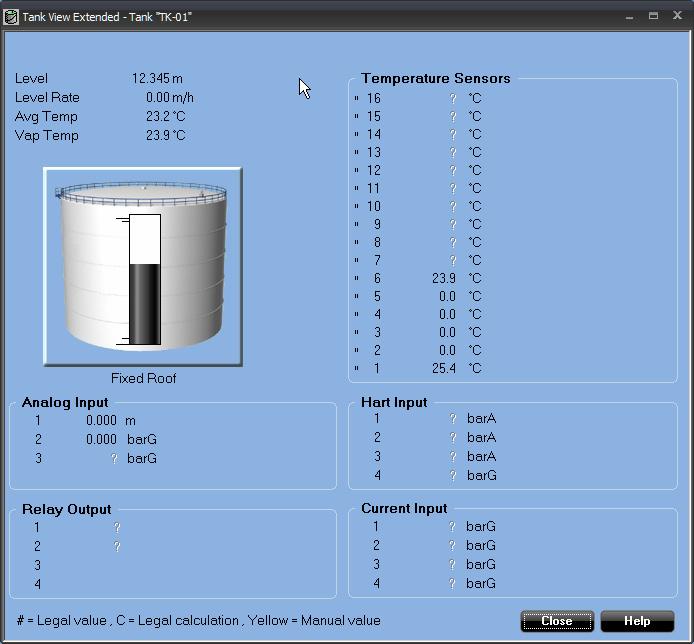 Reference Manual Tank View Extended The Tank View Extended window shows data measured by an RTG and a DAU for a single tank. For each item the value, measurement unit and status is displayed.