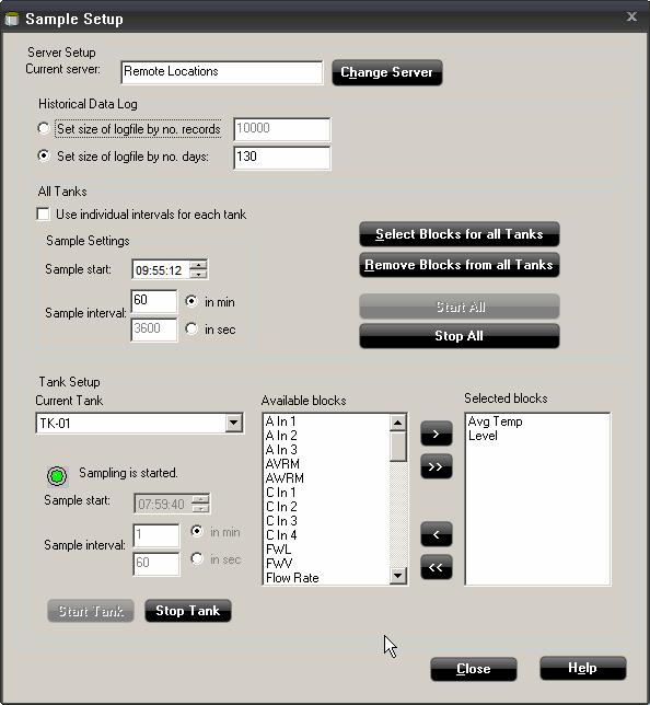Reference Manual 3.4.2 Sample Setup The Sample Setup window is used to specify which parameters are sampled for which tanks.