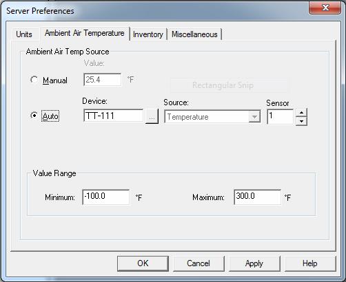 Reference Manual 4. In the Server Preferences window, select the Ambient Air Temperature tab. 5. In the Ambient Air Temperature tab, under Ambient Air Temp Source, select the Auto option. 6.
