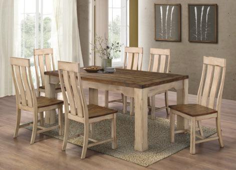 * SUITE INCLUDES TABLE, 4 CHAIRS AND BENCH Add warmth to your space with this collection s distressed