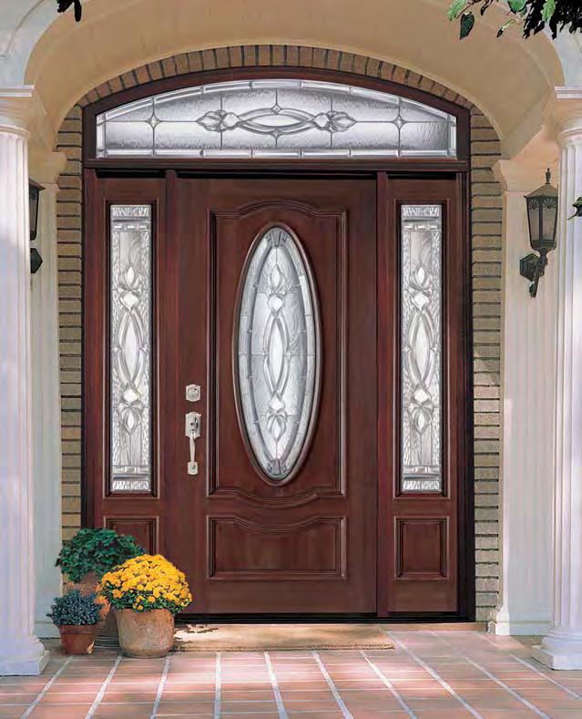 Barrington Mahogany 2-panel with 3/4 oval and 3/4 sidelites, BR3 glass, S-725 transom Belleville Textured 6-Panel Camber Top with Madrid glass, Door: BLT-137-900-3 Masonite s Commitment At Masonite,