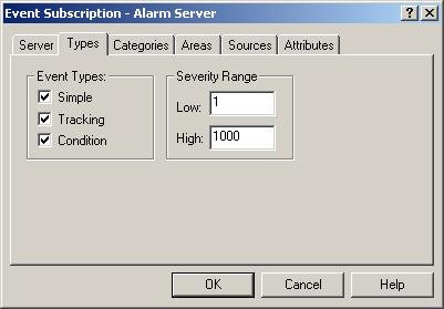 Event Subscription Types Tab The Event Subscription dialog box permits filtering of alarm events. In the Types tab panel, alarm events can be filtered based on Event Type or Severity Range.