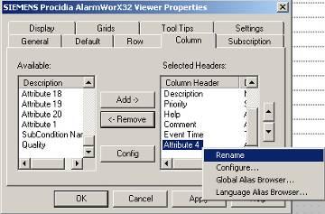 Column Headers Related Values Add a Pressure column to the Alarm Viewer.