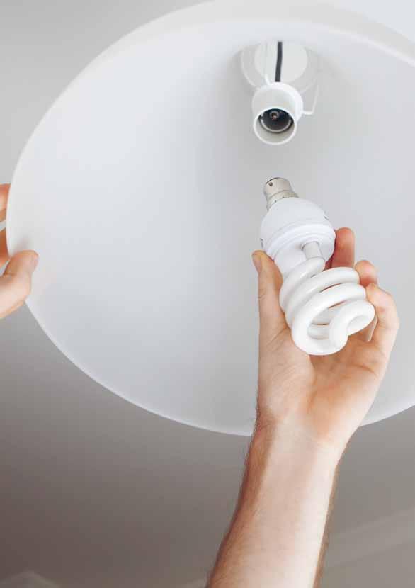Replace incandescent light bulbs with compact fluorescent globes. Compact fluorescent lamps (CFLs) use around 80% less energy and last up to eight times longer than conventional incandescent globes.