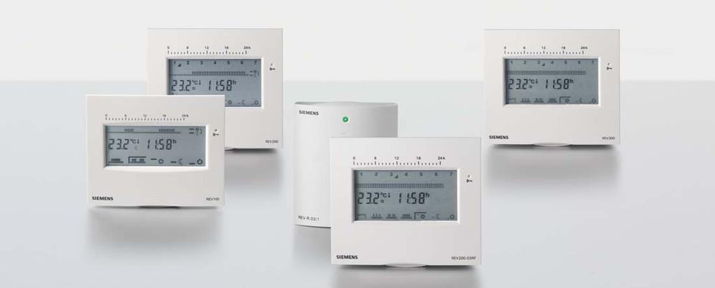 Modern thermostats clear, clean design with innovative touchscreen. From left to right: REV100, REV200, REV200RF/SET, REV300.