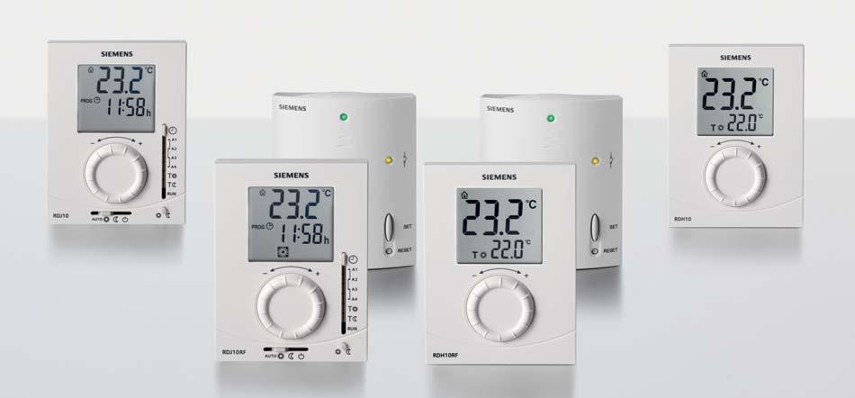 Classic thermostats with extra large numerical displays and control knobs. From left to right: RDJ10, RDJ10RF/Set, RDH10RF/Set, RDH10.