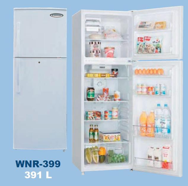 WNR-399 Total capacity: 391 Lts Fridge capacity: 296 Lts Freezer capacity: 95 Lts Automatic Frost System 3 Fridge Shelves 1 Freezer Shelve 2 Vegetable Drawer No.