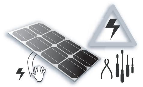 ELECTRICAL WORK Solar modules produce electrical energy when light strikes on their front surface. The DC voltage may exceed 30V.