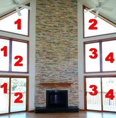 Great Room Windows with: 2 Non Standard Over sized (at top) Requires Ladder 4 Non Standard Over sized (at middle) Requires