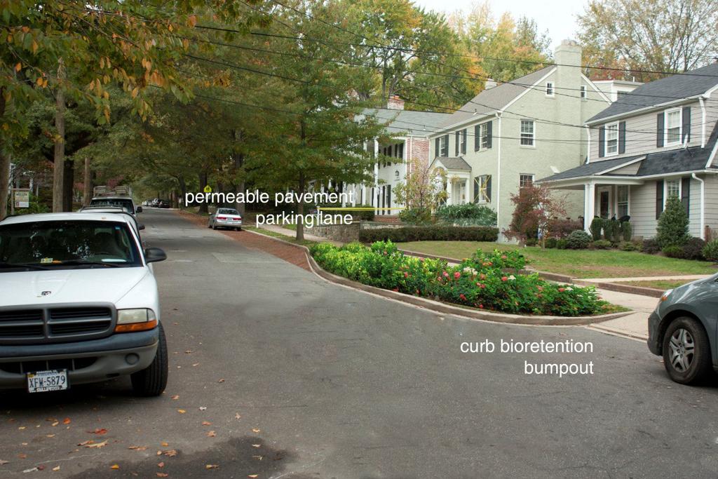 Bioretention cells, bioretention bump-outs, and permeable parking lanes are all incorporated into the design.