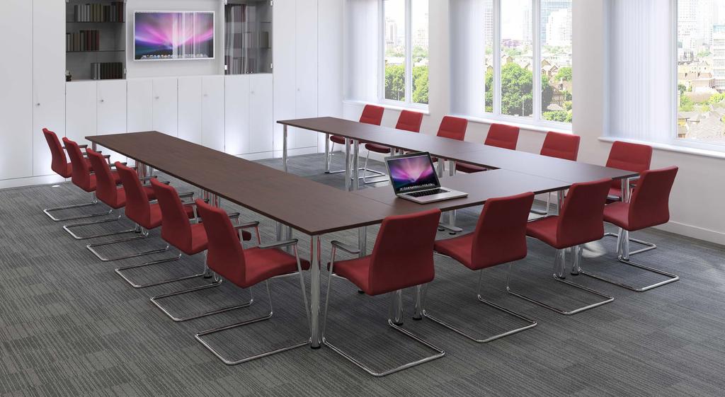 Sectional Tables Sectional tables enable the creation of completely flexible table configurations, combining rectangular, trapezoidal, D-end and triangular elements, all supported on round legs that