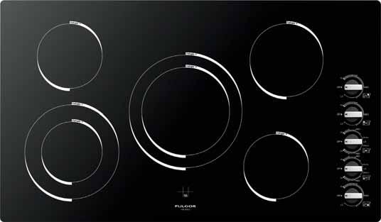 66 Series Radiant Cooktops300 F3RK36B1 36 Electric radiant cooktop in glass ceramic 5 knobs for power level setting Hot Surface indicator Residual heat indication Front Left Zone