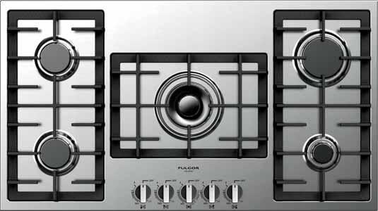 77 Series Gas Cooktops400 Gas Cooktops 400 Series F4GK36S1 36 Gas cooktop with 5 burners, stainless steel Electric Flame Ignition and Re-ignition Flame out sensing Heavy Duty Cast Iron Grates On