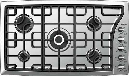 86 Series Gas Cooktops300 F3GK36S1 36 Gas cooktop with 5 burners, stainless steel Electric Flame Ignition and Re-ignition Flame out sensing Dual Crown Burner Heavy Duty Cast Iron Grates Delivered