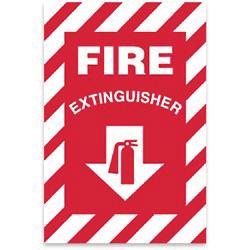 vinyl 4 x 4 fire extinguisher inside sign. Self-adhesive vinyl 6 x 2 In case of fire break glass fire extinguisher sign.