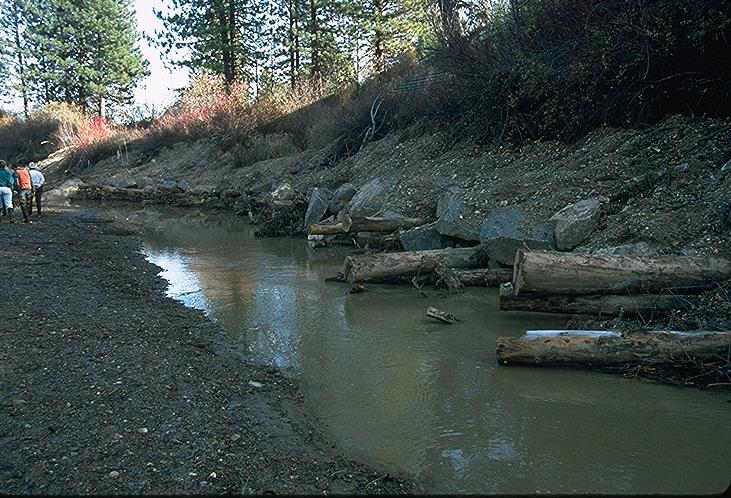 Photo 6.2 Riprap used for stream bank slope protection to prevent scour at the entrance of a structure. Note the use of willows for additional biotechnical root strength. and culverts.