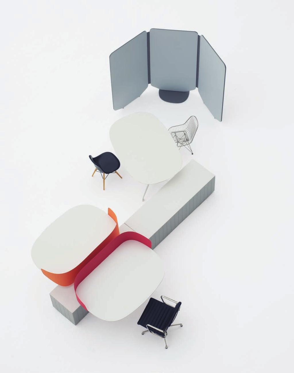 Minimal table legs foster unobstructed transitions between individual and group work, allowing people to gather