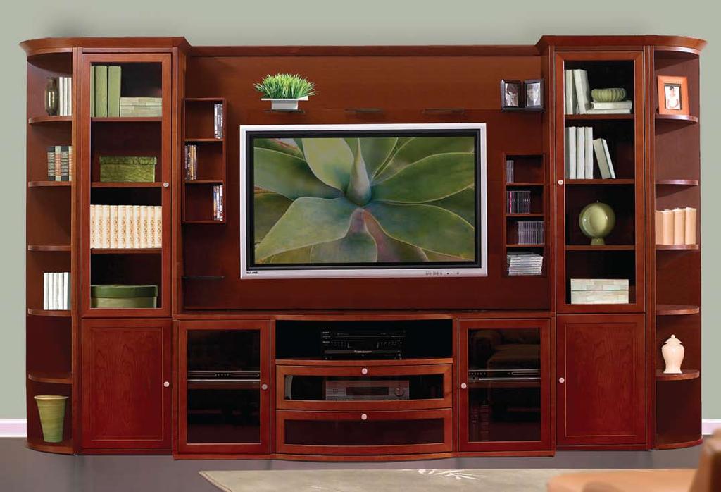 Our selection of varying sized media cabinets (shown lower left) can be used singly or combined with our Easy-Mount TV Panel, Hutch