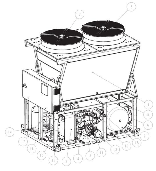 » V-IPER C 72-82 - 92-112 - 133 DESCRIPTION 1 R410A-air heat-exchanger 2 R410A-water heat-exchanger 3 Fans 4 Water differential pressure switch (fan housing) 5 Automatic air purge valve 6 Expansion