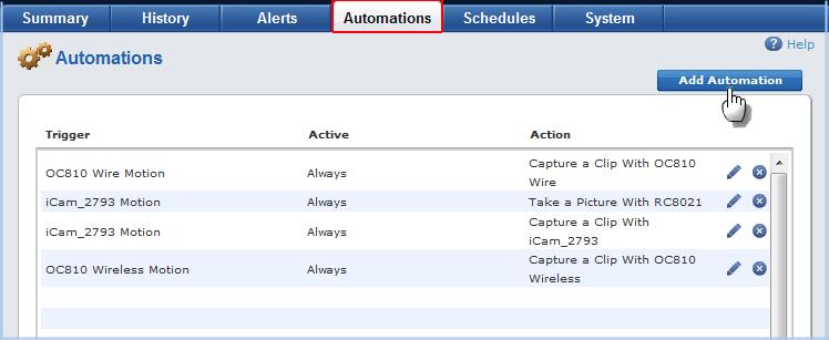 Enabling Motion Detection via the ADT Security System 1. Click the Automations tab, and then click the Add Automation button. 2.